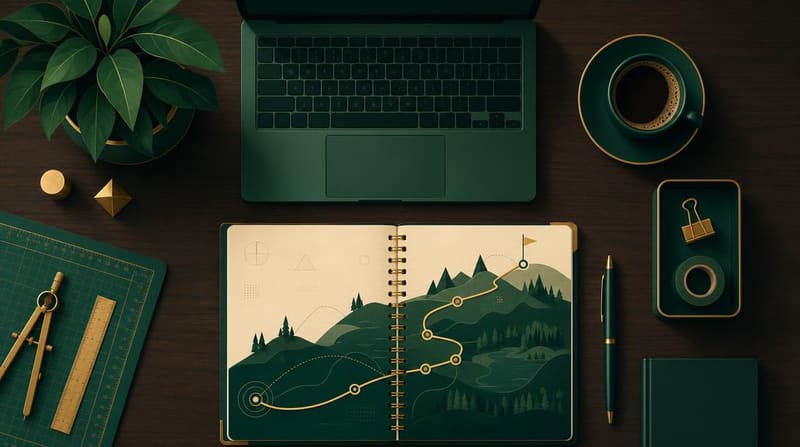 Illustration abstraite de notre méthode de travail : bureau, ordinateur, carnet de route et outils