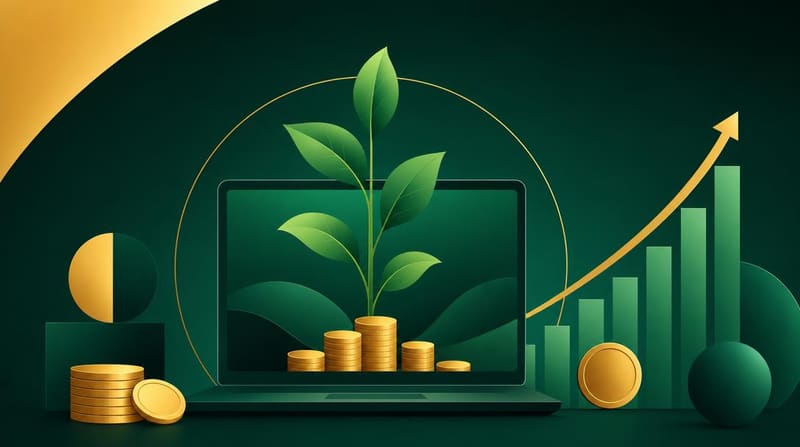 Illustration abstraite du financement Kap Numérik : pièces d'or, pousse verte et courbe de croissance